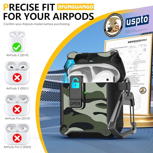 Image of RFUNGUANGO for Airpods 2nd and 1st Generation Protective Cases Automatic Pop-up with Safety Lock Clip, Full Body Shockproof Hard Case with Keychain (Cleaning Tool)-Green Camouflage