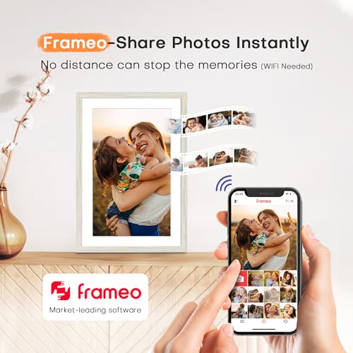 Image of Frameo 10.1 Inch WiFi Digital Picture Frame, Frameo Digital Frame WiFi 32GB | 1280x800 HD Touch Screen, Instant Sharing Electronic Photo Frame, Auto-Rotate, Wall Mountable, Mom Gifts, White Woodgrain