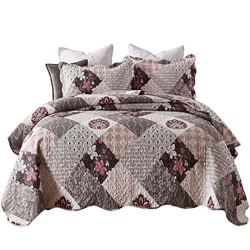Qucover Couvre Lit 2 Personnes 220x240 cm, Boutis Couvre Lit Gris en Polyester et Coton Super Doux et Confortable, Dessus de Lit Imprimé Réversible avec 2 Taies d'oreiller 50x75cm pour Toute L'Année