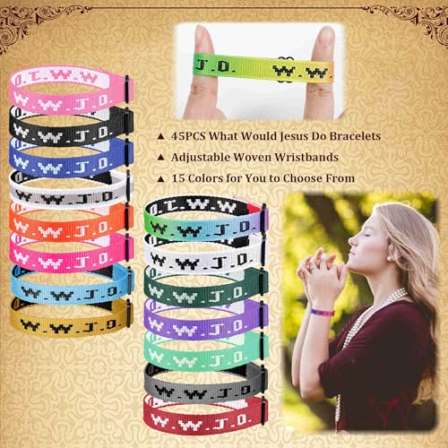 45PCS WWJD Webbing Bracelets for Men Women What Would Jesus Do Bracelets Adjustable Religious Christian Bracelets Bulk Colorful Woven Wristbands Faith Bracelet for Fundraisers3