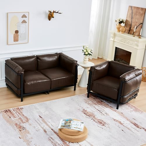 Image of 2 Piece Living Room Sofa set, Mid-Century Modern Upholstered Couch Chair Faux Leather Sofa Couch with Iron Frame and Upholstered Armrest Backrest Cushion for Living Room, Office, Apartment (Brown)
