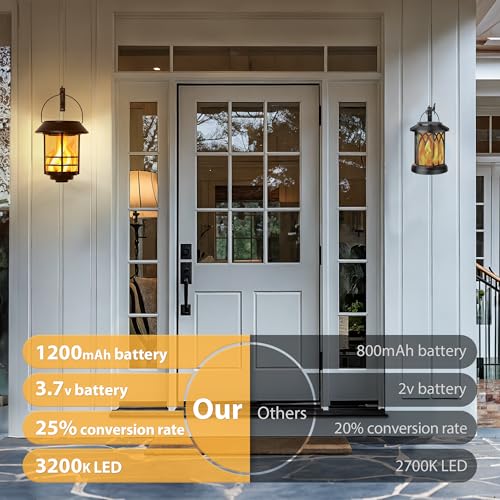 Otdair Solar Lanterns Outdoor Waterproof, 2 Pack Flickering Flames Wall Garden Decor with Glass Shade, Hanging Solar Lights Wall Mount Decorations for Halloween, Front Porch, Patio, Yard