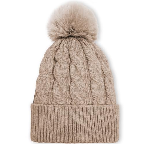 TAROSE Womens Winter Hat Beanies Winter Soft Hat for Women Pompom Warm Knit Hats Ski Cap with Faux Fur Lined (Khaki)
