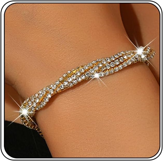 Bling Silver Rhinestone Stretch Twisted Bracelets for Women Sparkly Crystal Wedding Prom Bracelet Funky Fashion Bridal Jewelry Tennis Accessories