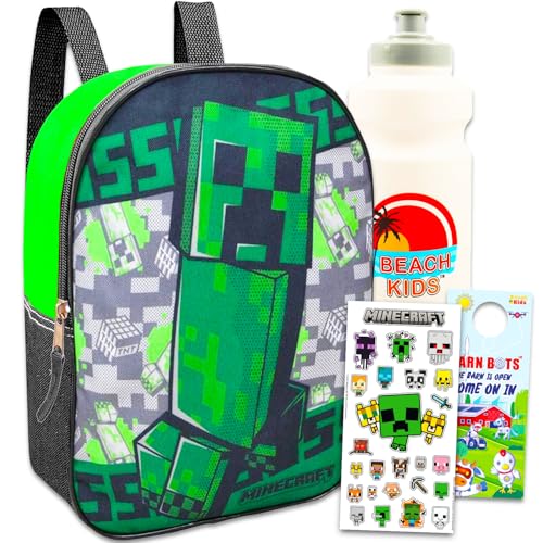 Minecraft Conjunto de mini mochila – Pacote com adesivos Minecraft de 28 cm, garrafa de água, mais | Conjunto de mini mochila Minecraft para meninos, meninas, Minecraft Conjunto de mini mochila,