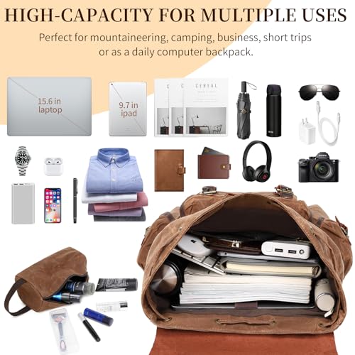 Genuine Leather Backpack for Men, Waxed Canvas Backpack Shoulder Rucksack with Toiletry Vintage Backpack for Travel,Camping, Hiking(Coffee) - Image 4