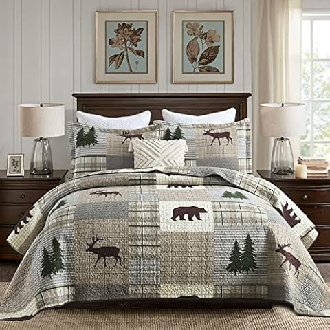 Y-PLWOMEN Quilts Queen Size Cabin Plaid Queen Quilt 100% Cotton Reversible Rustic Lodge Queen Size Quilt, Lightweight Farmhouse Bedspreads Queen Size with 2 Pillow Shams Cover