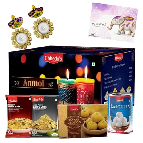 Image of Chheda's Anmol Festive Gift Box | Bhujia Sev, Salt and Peper Chips, Rasgulla & Besan Laddu | Premium Indian Sweets & Snacks Hamper | Ideal Gift for Diwali, Raksha Bandhan & Celebrations