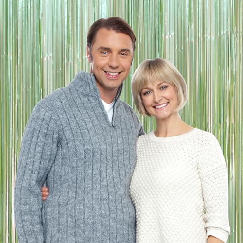 Image of Voircoloria 2 Pack Sage Green Foil Fringe Backdrop Curtains, Tinsel Streamers Party Decorations, Fringe Backdrop, Door Shimmer for Baby Shower or Birthday Party