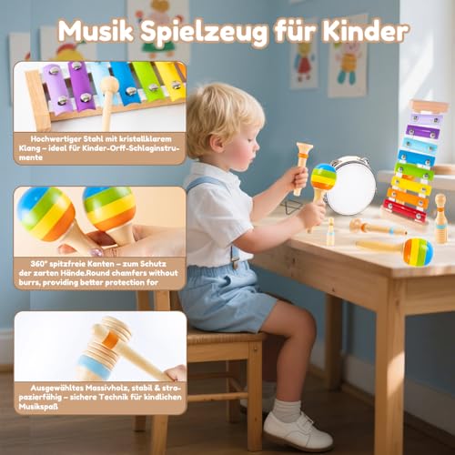 Spielzeug ab 1 Jahr,Montessori Spielzeug ab 1 2 3 4 5 Jahr Musikinstrumente für Baby Spielzeug Geschenk Musik Kinderspielzeug ab 1-5 Jahre MäDchen Junge Holzspielzeug Musik Set Geburtstag für Kinder