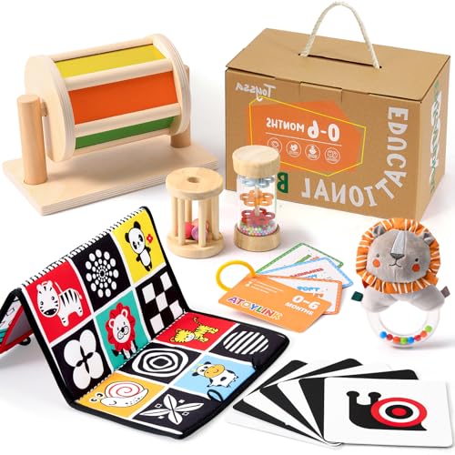 Image of Toyssa Montessori Toys for Babies 0-6 Months, 6 in 1 Wooden Learning Educational Sensory Toys with Spinning Drum & Tummy Time Mirror & Baby Rattle & Flash Card, Birthday Gifts for Babies Boys Girls