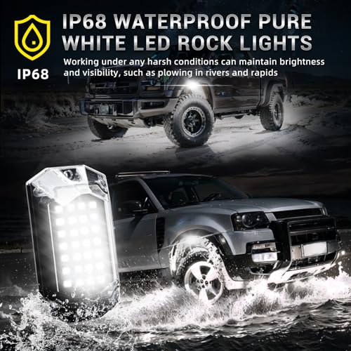 10 Pods Full Angle Pure White LED Rock Lights for Jeeps Trucks Golf Cart ATV UTV RZR Offroad Pickup SUV, 28 LEDs 6500K Super Bright Waterproof White Underglow Kit with Switch Harness Extension Wires
