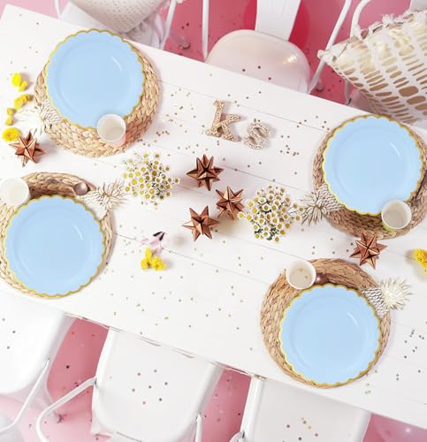 Image of HEIPINIUYE 50 Pieces Light Blue Paper Plates with Gold Foil 9 Inch Disposable Baby Blue Scalloped Dinner Plates for Wedding Baby Shower Birthday Party Dessert Plate