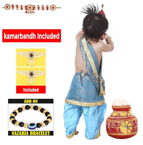 Image of Krishna Dress for Kids, Baby Krishna Dress for Janmashtami with Krishna Mukut, Peacock Feather & Flute Embroidered Krishna Costume for Girl & Boy, 3 Months-8 Years