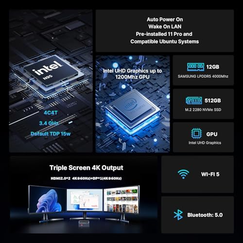 C2 Mini-pc, met Intel N150 processor (tot 3,6 GHz), mini-computer, 12 GB RAM, 512 GB SSD, mini-desktop-pc - Afbeelding 3