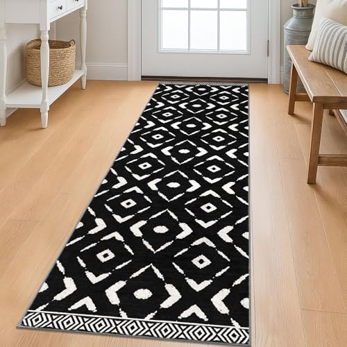 KILOCOCO Kitchen Runner Rug 2x6 Washable Runner Rug Soft Hallway Runners Non Slip Printed Distressed Laundry Room Rugs, Low-Pile Runners for Entryway Bedroom Living Room, Black