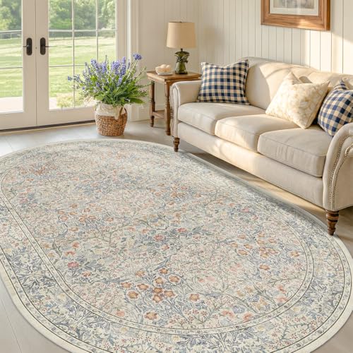 Beige Blue Washable Oval Rug 5x8 for Living Room, Dining Room, Soft Floral Carpet for Reading Corner, Nursery Room & Bedroom - Pastel Light Blue Vintage Oriental Low Pile Non Slip Stain Resistant