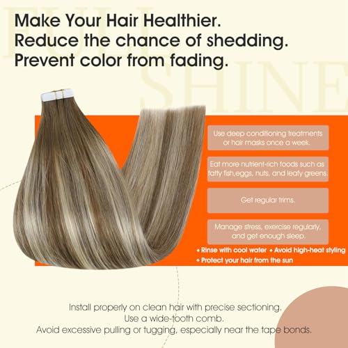 Image of Full Shine Tape in Hair Extensions Human Hair,Seamless Invisible Hair Extensions Tape in for Wedding,6 /60 /6 Light Ash Brown to Beige Blonde And Light Ash Brown Ombre,12Inch 30G 20Pcs,Natural Finish