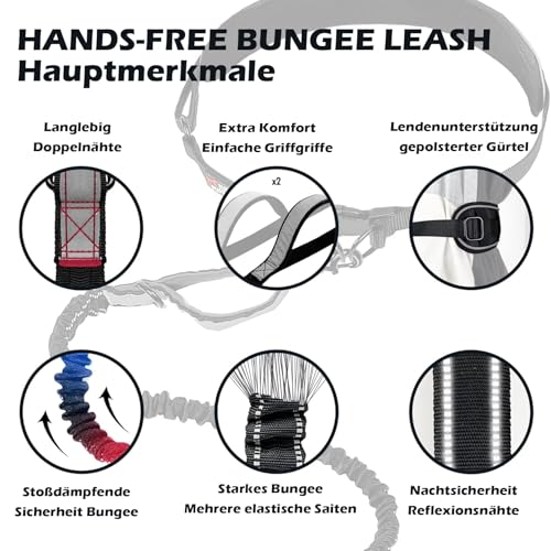 Freihändig Laufleine - Bungeeteil für Joggingleine, Bauchgurt Hundeleine mit Integrierter Zugstopp Hausleine Halsung, für Hunde Aller Größen Robust, mit Dual Griffe, Schwarz Reflektierende Nähte