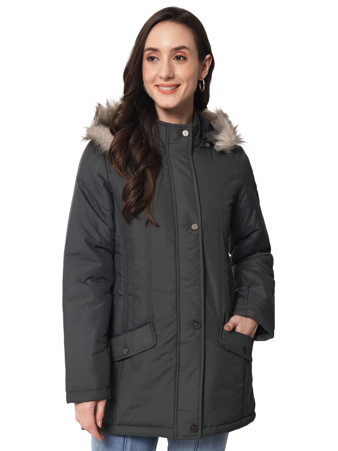 trufit Women Charcoal Full Sleeves Solid Polyester Thigh Length Jacket With Removable Hood_M-picture-19
