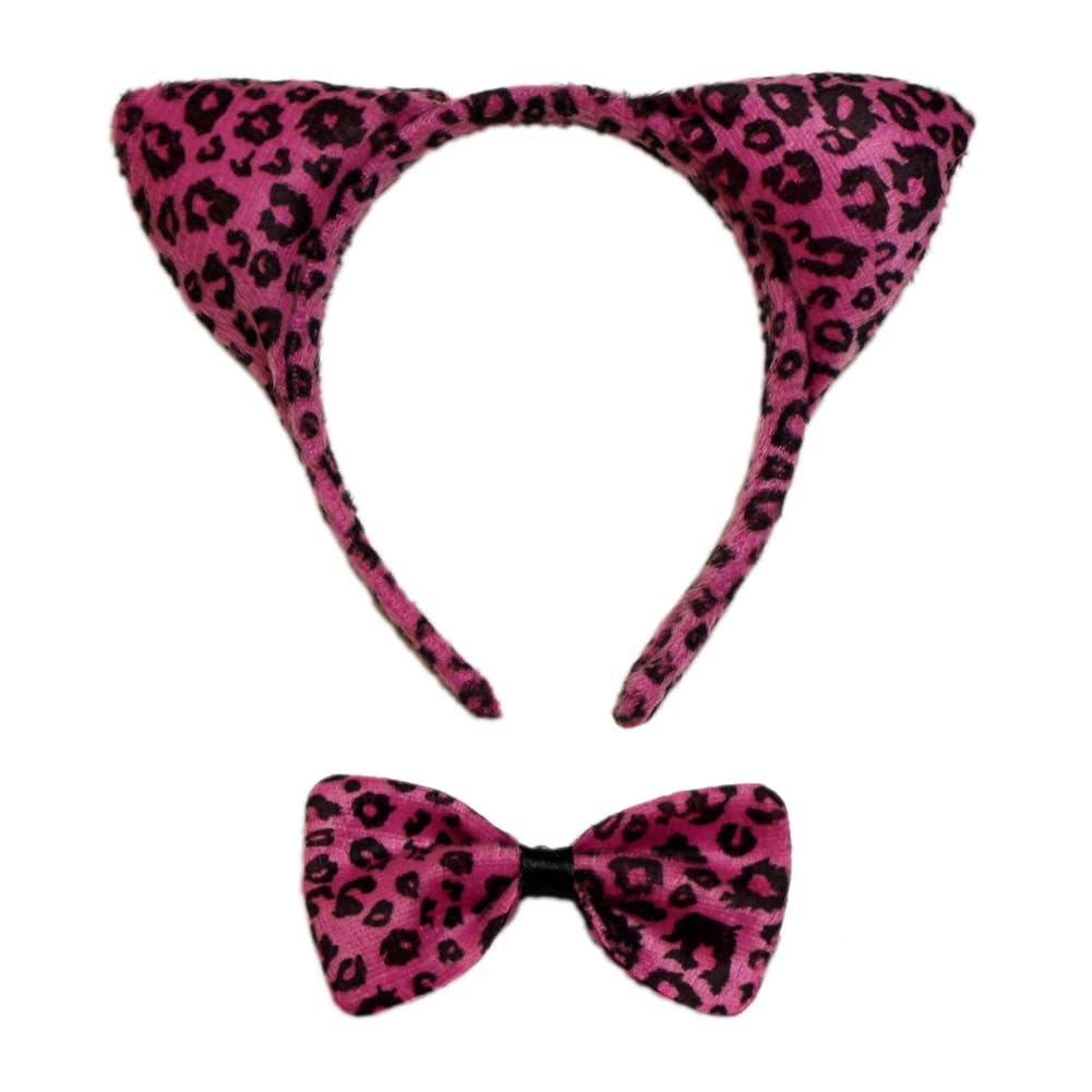 SeasonsTrading Pink Leopard Ears Headband, Tail & Bow Tie Costume Set Party Kit