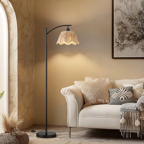 Image of Oneach Boho Rattan Floor Lamp for Living Room, Farmhouse Standing Lamp with Hand-Woven Shade, Black Metal Base & Pole, Foot Switch - Corner Reading Lamp for Bedroom
