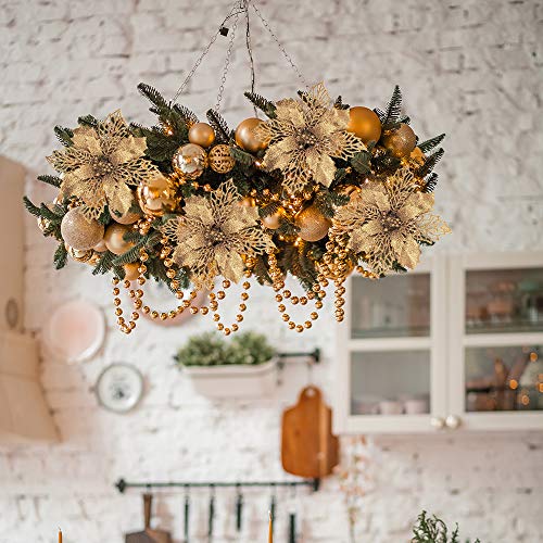 24 Pcs Christmas Gold Glittered Mesh Holly Leaf Artificial Poinsettia Flowers Picks Tree Ornaments 5.9" W For Gold Christmas Tree Wreath Garland Floral Gift Winter Wedding Holiday Decoration #TOP6