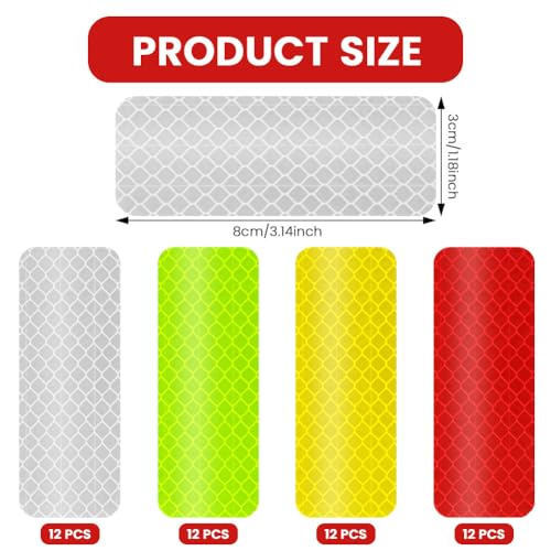 Adiwo 48 STK Warnung Reflektierende Aufkleber, 8 x 3 cm Selbstklebend Reflektor Aufkleber, für Fahrräder, Kinderwagen, Schulranzen, Rucksack, Roller, Helme(Silber,Gelb,Rot,Grün)