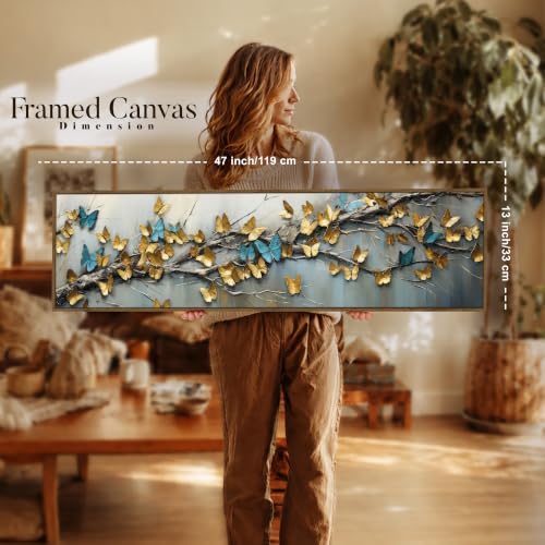 Image of Large Canvas Painting Panel Framed Wall Painting Blue and yellow Butterfly Framed Luxury Paintings for Home Decoration, Living room, Bedroom and Office Decor (Gold, 13x47 Inch)