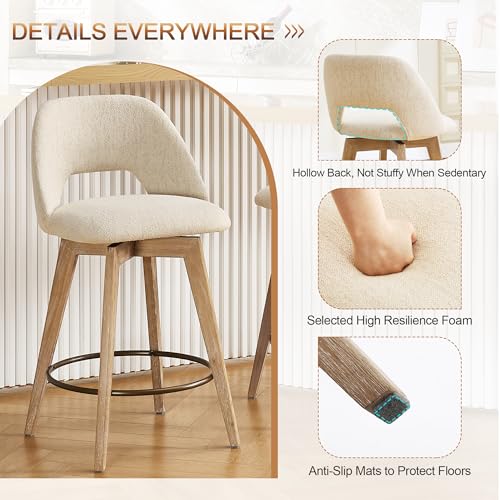 Image of Zesthouse Swivel Bar Stools Set of 4, Wooden Counter Height Chair | Mid century antique solid wood barstool, low back, upholstered beige linen fabric, 26 inch seat height for kitchen counter island