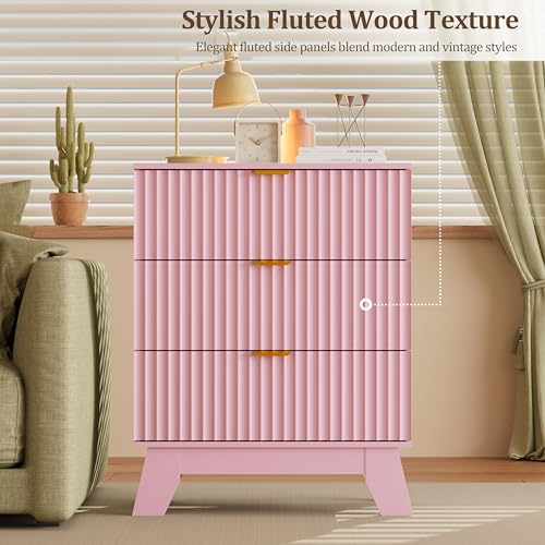 Image of Fluted Nightstand Sets of 2 with 3 Large Drawers, Wooden Side End Table with Elevated Legs for Easy Cleaning, Sturdy Modern Beside Table for Small Space, Bedroom, Pink, 24 inch L