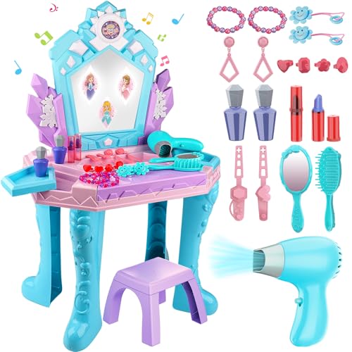 Toddler Frozen Vanity Table and Chair, Girls Magic Makeup Set with Mirror and Lights & Music, Kids Pretend Play Toys for 2 3 4 5 Year Old Girl...