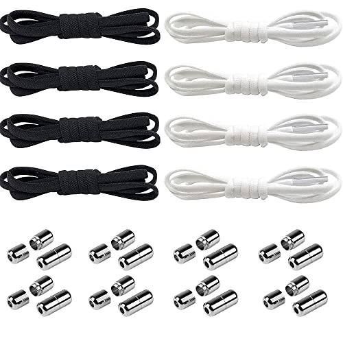 8 Paar e Schnürsenkel Ohne Binden,Basicon Baumwolle Schnürsenkel-Set mit Metallkapsel Ohne Binden Schleifenlose Schuhbänder Schnellschnürsystem für alle Schuhe Kinder Erwachsene WeißSchwarz,5mm*105cm Cover
