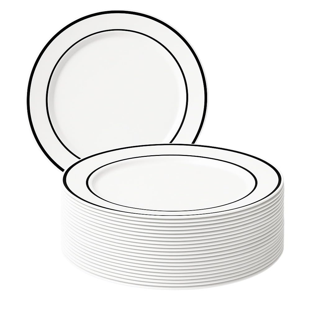MATANA 25 Premium White Plastic Dinner Plates with Black Rim, 26cm / 10 Inch - Elegant & Reusable Party Plates for Weddings, Birthdays, Picnic, BBQ, Parties
