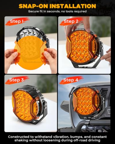 Image of Auxbeam V-Ultra Series 9-Inch Deep Amber Covers for Off-Road Lights 2-Pack | 2300K Dark Amber Tone, Smoked Tint Lens Covers, Snap-On Design, Offroad Lights Protector, Reduce Glare for Fog /Dust