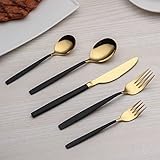Berglander 30 Stück Edelstahl Besteck Set, Schwarzer Griff mit Gold Mund Gemischte Besteck Set Service für 6 (Schwarz, Golden)