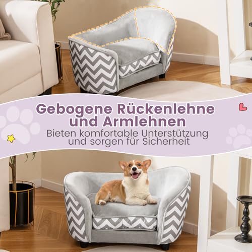 COSTWAY Katzenbett, kleines Hundesofa, 70 x 41 x 40 cm, Katzensofa mit weichem gepolstertem Kissen & waschbarem Bezug, Haustiersofa für kleine Hunde Katzen, Katzencouch bis 50 kg, Grau+Weiß