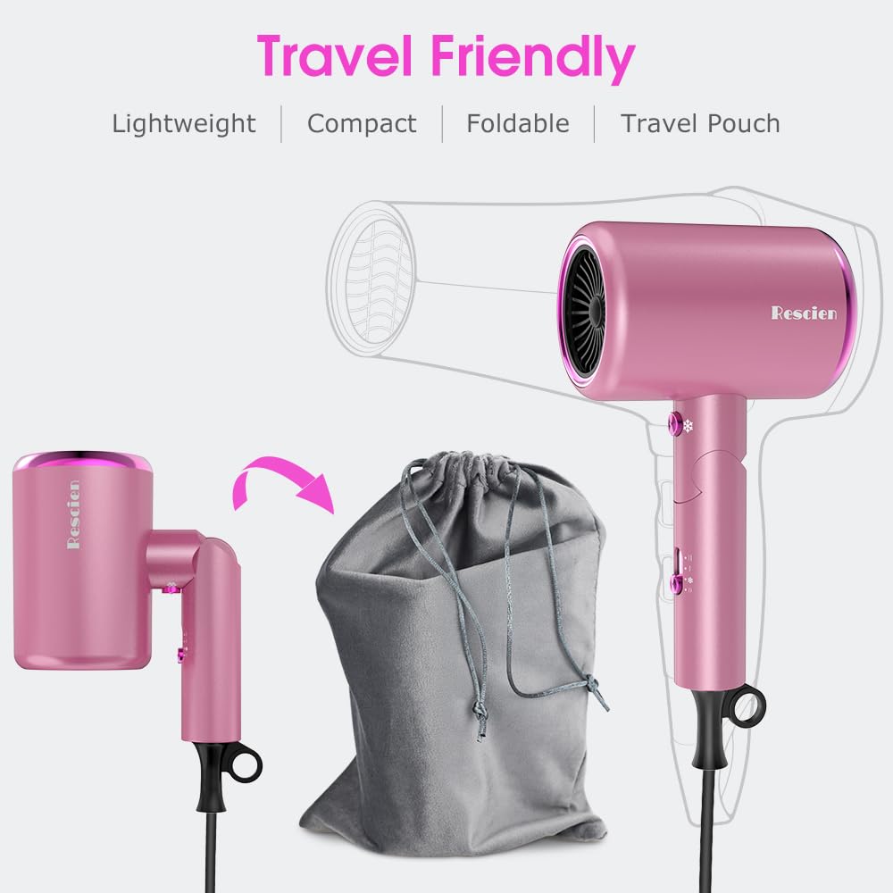 Haartrockner Ionen 2400W Föhn Fön mit 3 Aufsätze &Reisebeutel&Halter, Rosa | Föhn Fön Schnelltrocknen [leicht & kompakt] Profi Reisefön mit Heiß-/Kalttaste, 3 Heiz,3 Geschwindigkeiten / Salon Haarföhn