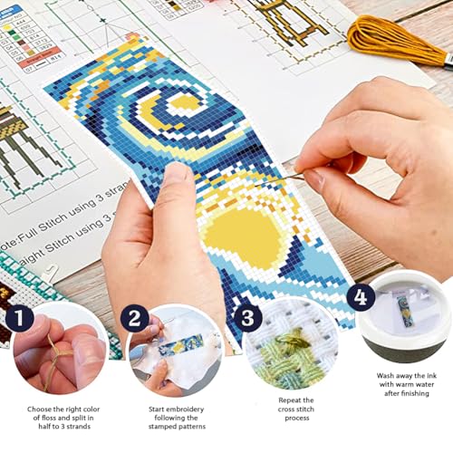 Image of FREEBLOSS 6 Set 11CT Cross Stitch Bookmarks Kit Starry Sky Stamped Cross Stitch Kit DIY Embroidery Bookmark Set with Instruction for Adults Beginners Gift for Reading Enthusiasts 20x6cm /8x2.4inch