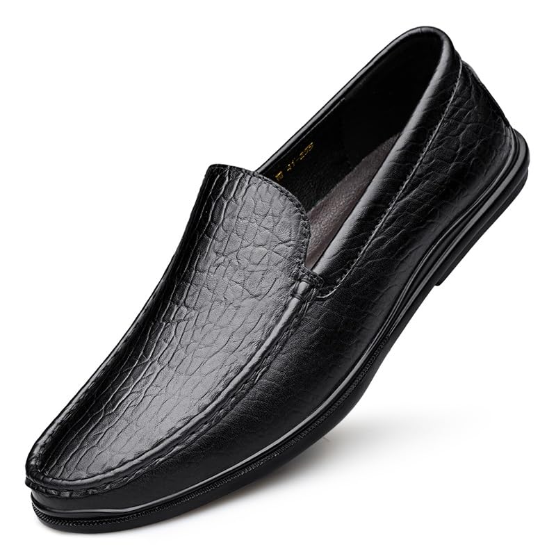 Men's Loafers Shoes Round Toe Genuine Leather Crocodile Print Loafer Shoes Lightweight Flat Heel Slip Resistant Casual Outdoor Slip-ons