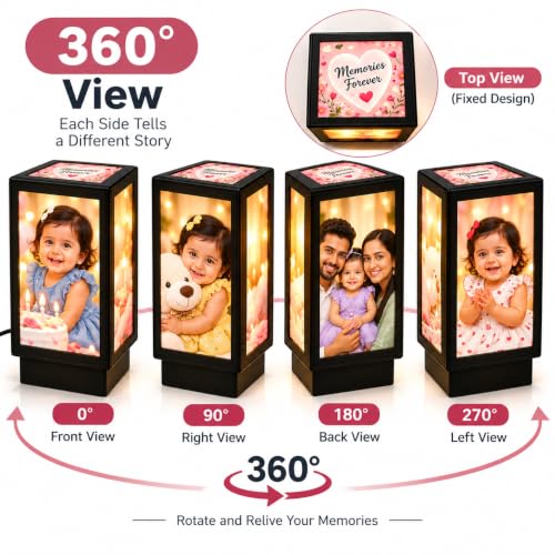 Image of Personalized Rotating Photo Lamp with 4 Photos | Customised 360 Degree LED Memory Lamp | Birthday, Anniversary, Wedding Gift for Couple, Kids, Parents & Family