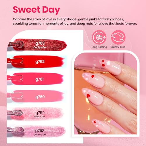 Image of Beetles 30 Pcs Gel Nail Polish Kit with U V Light - 6 Colors Red Cat Eye Gel Polish Set Pink Jelly Glitter Sweet Date Collection with Heart Magnet Manicure DIY Salon Gifts for Mom Women