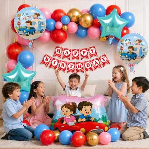 Image of Rozi Decoration Car Theme Birthday Decoration Kit for Kids with Foil Balloons, Happy Birthday Banner, Metallic & Pastel Balloons, Glue Dots for Birthday Party Decoration Pack of 42
