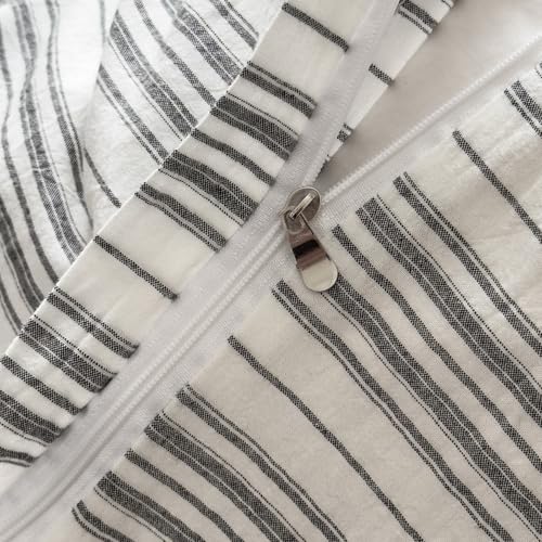 Image of VM VOUGEMARKET Striped Duvet Cover Set, 100% Washed Cotton Textured Minimalist Bedding Set, Ticking Pinstripe Farmhouse, 3 Pieces, White Black Stripes, Queen Size