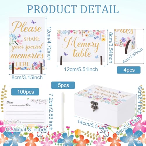 Image of Gilprop 112 Pcs Celebration of Life Memory Cards Set Share a Memory Cards with Box 2 Wood Sign with 4 Hold and 5 Pens, Sympathy Memorial Gifts Funeral Keepsake Decorations(Wildflowers)