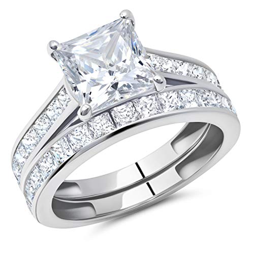 Solid 10K White Gold Princess Cut Half Eternity Ring & Half Eternity Band Bridal Ring Set (3.0 CT.TW)