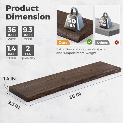 Image of Live Edge Elm Floating Shelves For Wall - 36 inch W x 9.3 inch D Rustic Solid Wood Shelves with Invisible Bracket, Wall-Mounted Storage & Display Shelf for Living Room Bedroom Kitchen, Set of 2, Walnut