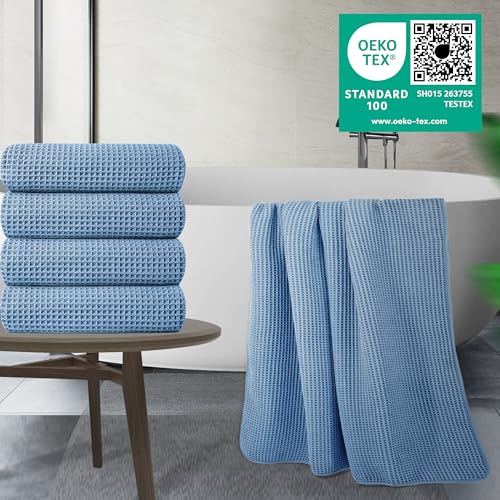 Image of POLYTE 430 GSM Microfiber Oversize Quick Dry Lint Free Bath Towel, 60 x 30 in, 4 Pack (Waffle Weave)