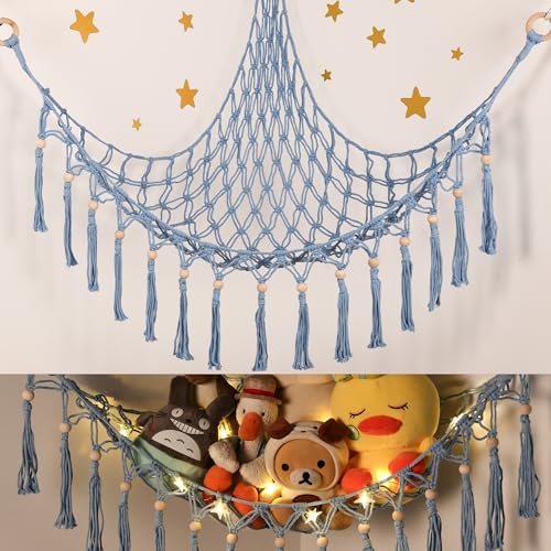 Image of Stuffed Animal Toy Storage Hammock with LED Light-Macrame Jumbo Doll Room Organizer Mesh Decoration-Hanging Storage Nets Kids Bedroom(Blue Beads)