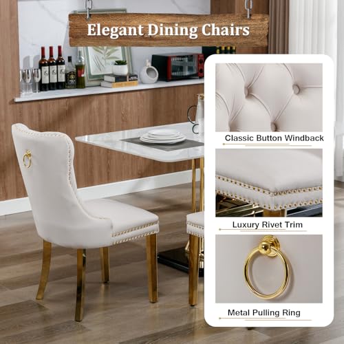 Image of 5-Piece Round Dining Table Set for 4, Luxury Faux Marble Kitchen Table Set for 4 with Beige Velvet Chairs, 45 inch Circle Dining Room Tables with White Marble Top and Gold Stainless Steel Cross Legs